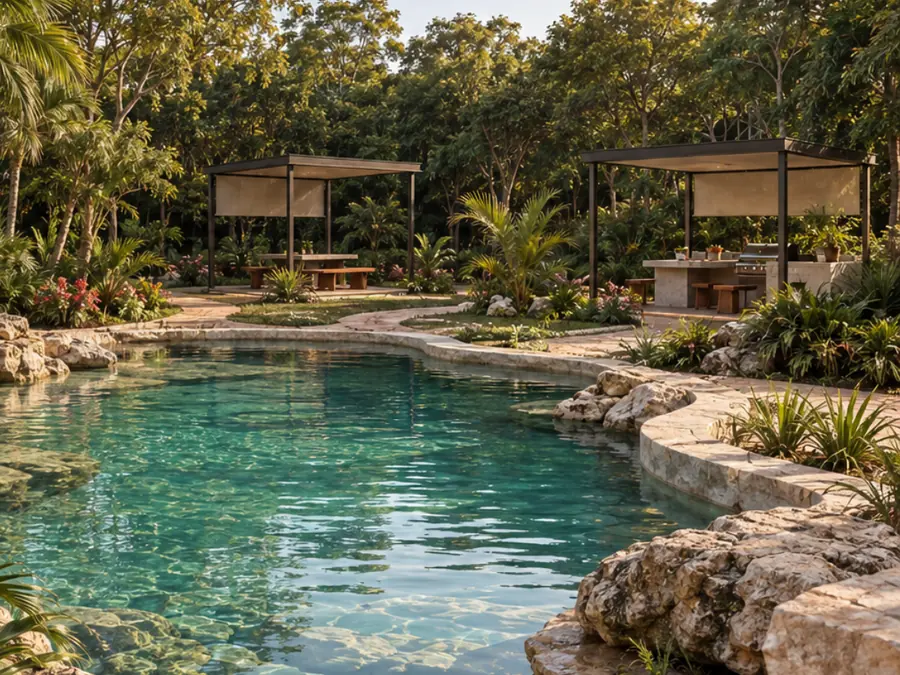 Render del Oasis Maya: alberca natural de piedra con palapas y vegetación