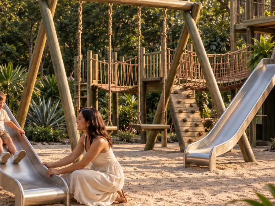 Render del parque infantil con columpios y resbaladillas de madera